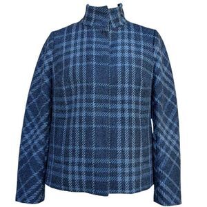 Talbots Blue Gray Plaid Blazer Coat Jacket Wool Pockets Mock Neck Snaps Size 6